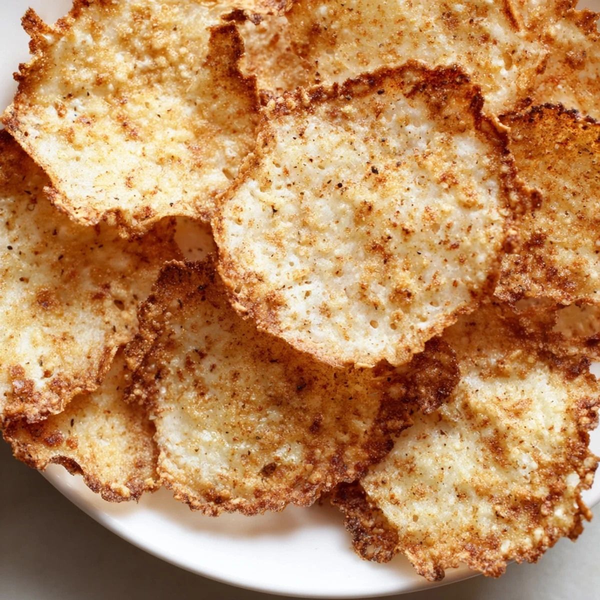 Thin, crispy Cottage Cheese Chips cooling on parchment paper, offering a savory, low-carb alternative to traditional chips.