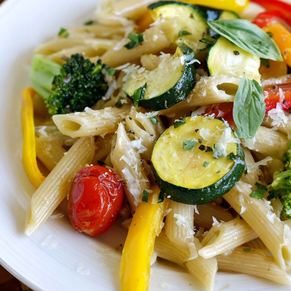 Brightly colored roasted vegetables like zucchini and bell peppers are tossed with penne pasta in a white bowl, finished with fresh basil and a generous sprinkle of Parmesan cheese.