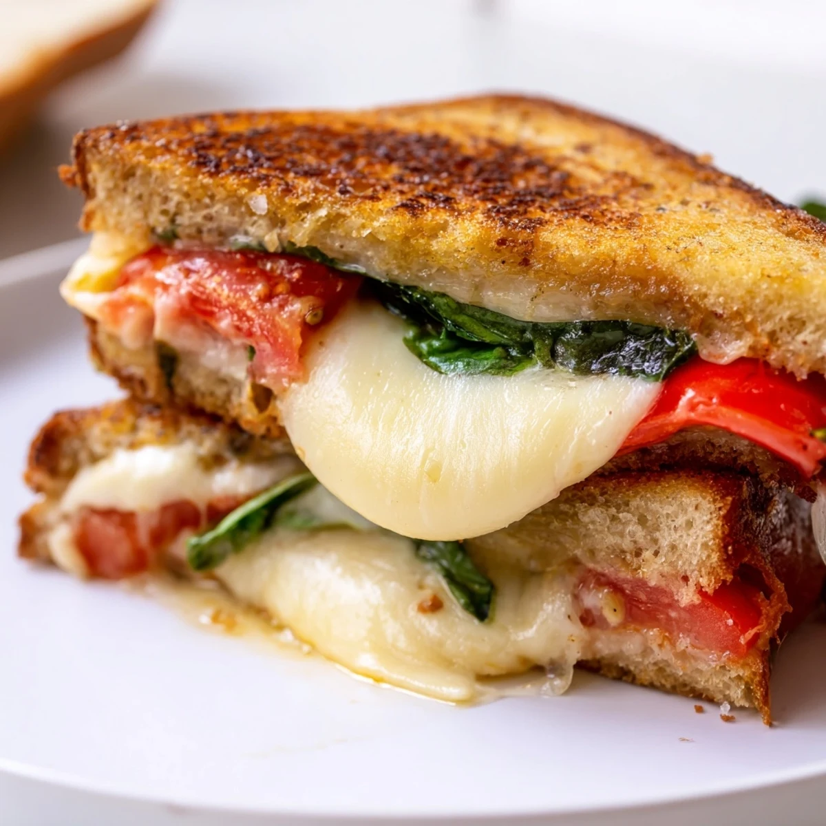 Buttery sourdough slices of Tomato Basil Grilled Cheese with ripe tomato and basil.