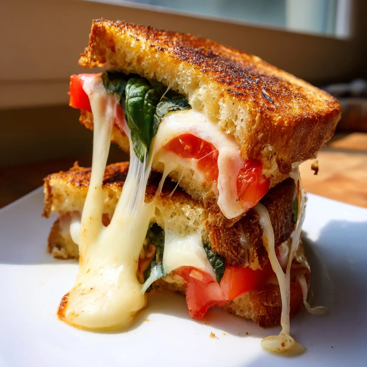 Golden brown Tomato Basil Grilled Cheese oozing melted mozzarella on a plate.