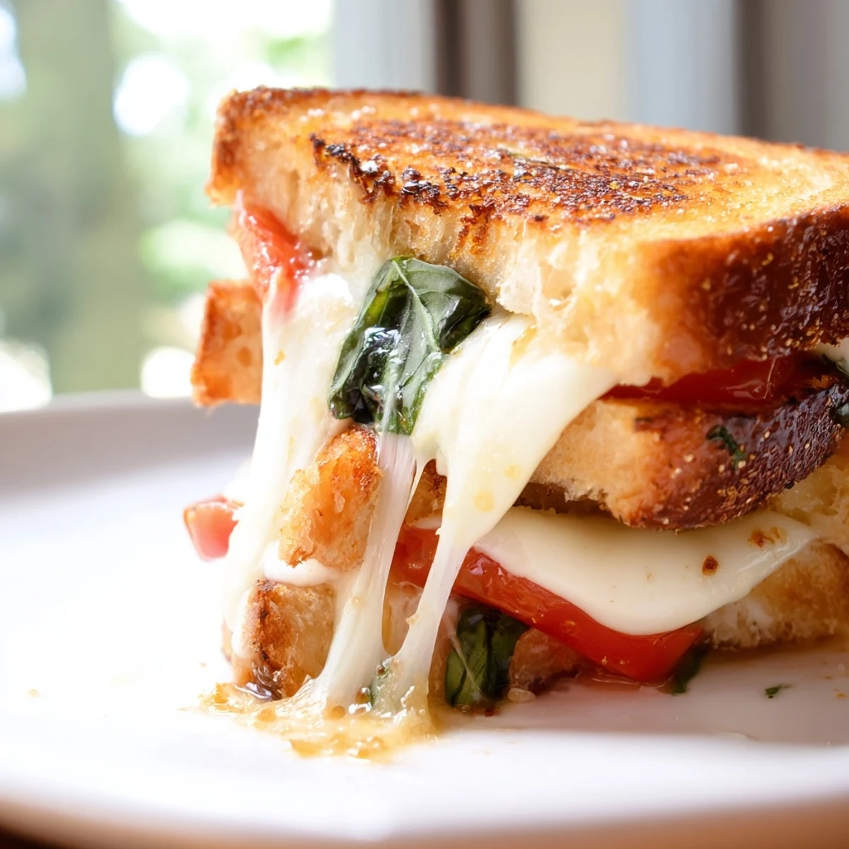 Sizzling Tomato Basil Grilled Cheese in a skillet, ready to dip in tomato soup.
