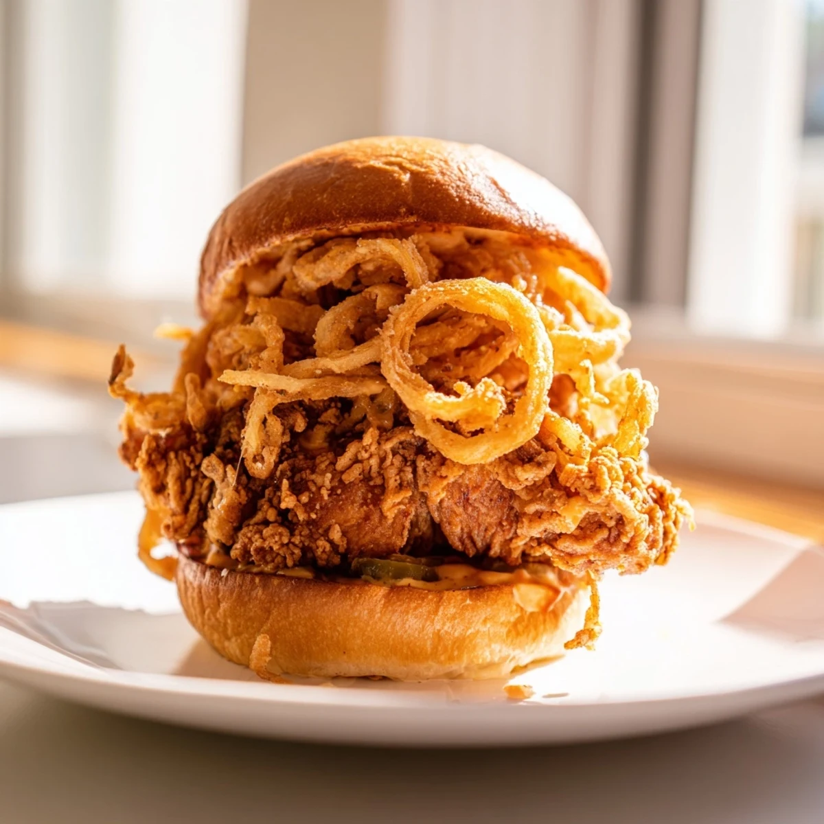 Golden-brown Crispy Onion Chicken Sandwich on a toasted brioche bun, stacked high with juicy fried chicken and crispy fried onions.  