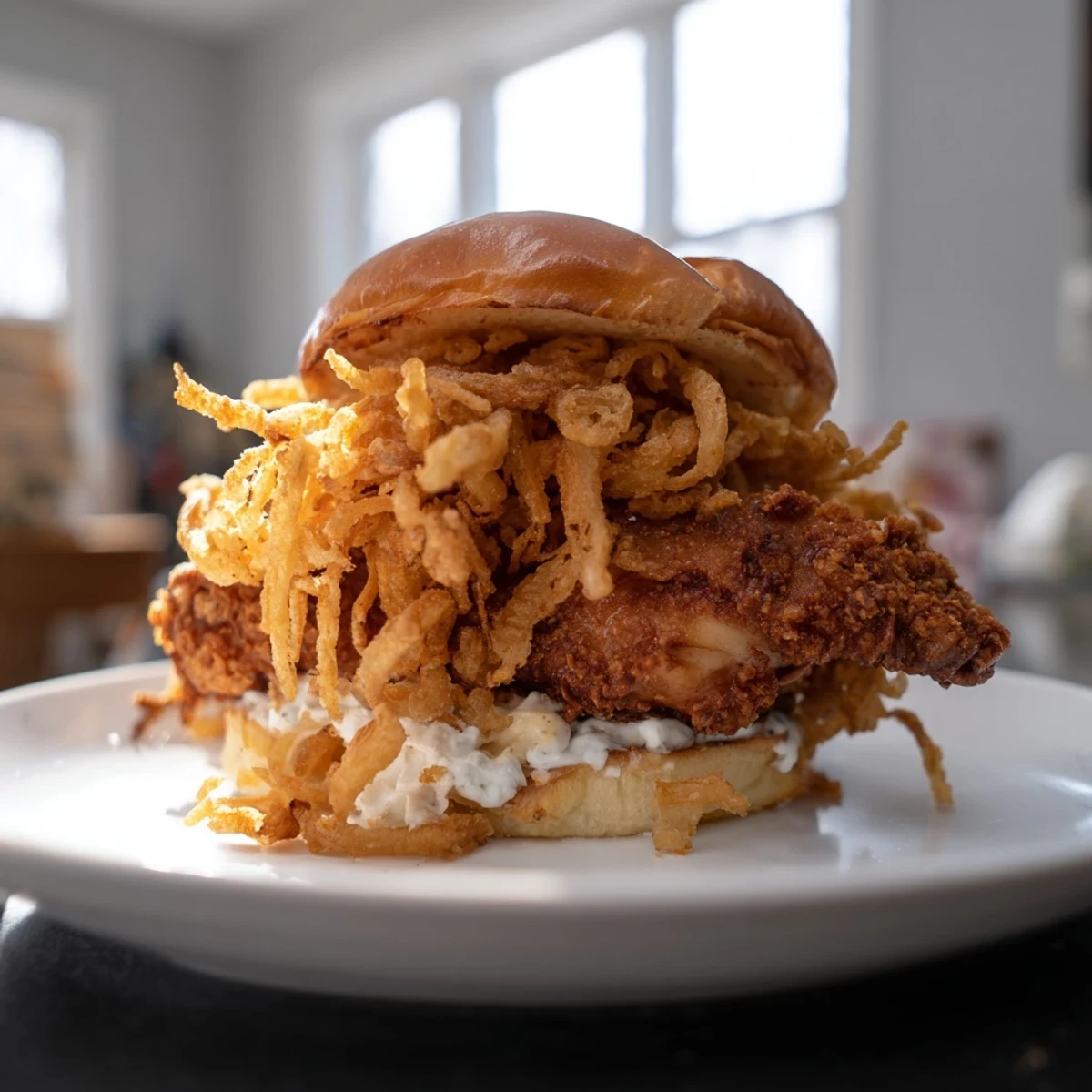 Close-up of Crispy Onion Chicken Sandwich with melted aioli, crunchy onion topping, and juicy fried chicken on a toasted brioche bun.