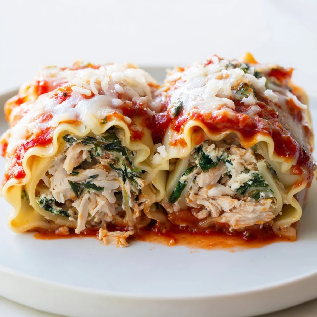 Close-up of a sliced Chicken and Spinach Lasagna Roll revealing layers of tender pasta, cheesy chicken, and vibrant green spinach filling.