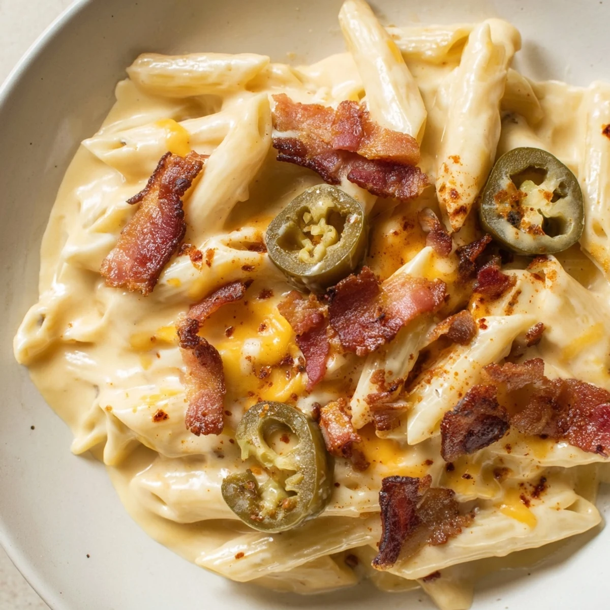 Creamy Jalapeño Popper Pasta with crispy bacon, roasted peppers, and melted cheddar served in a rustic white bowl.