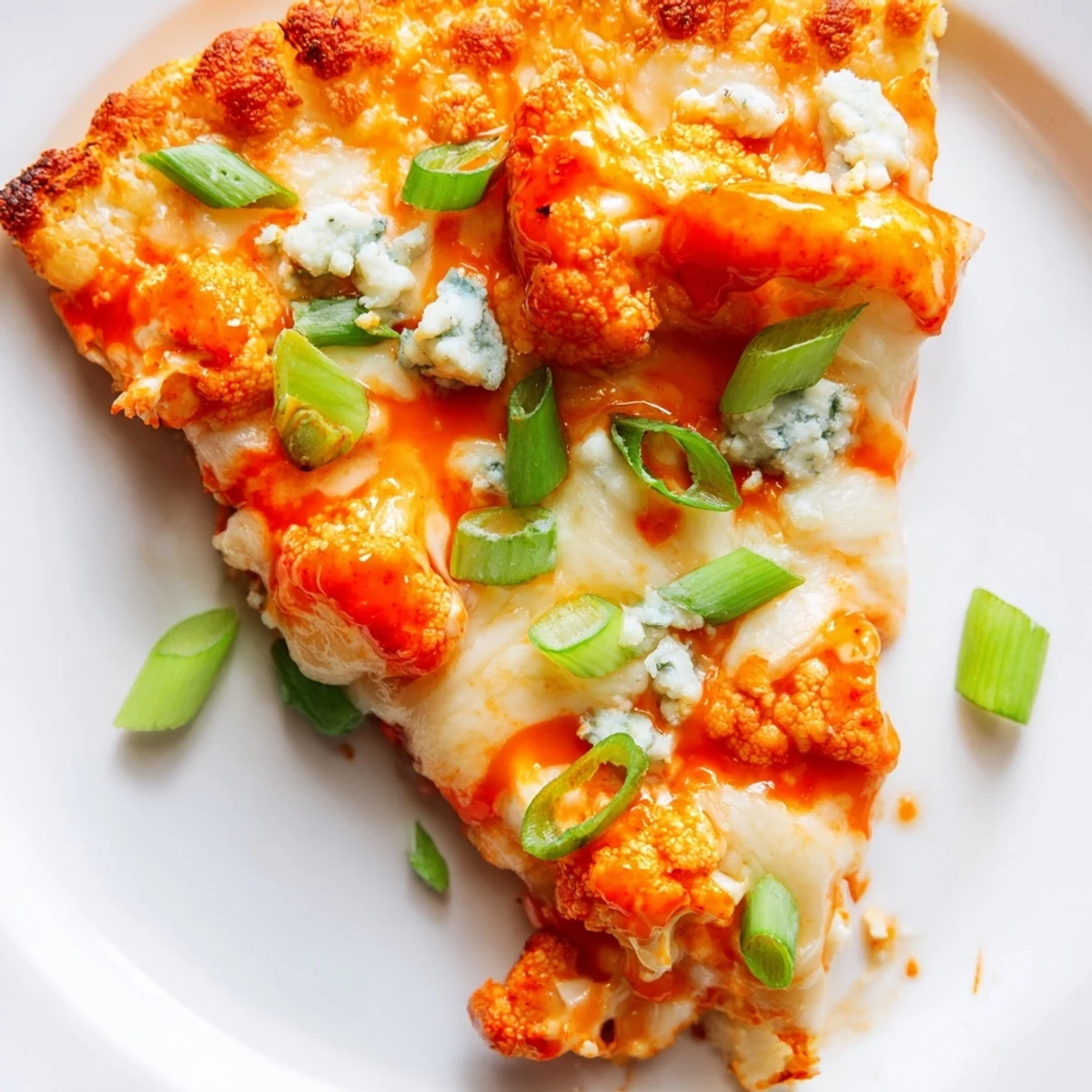 Buffalo Cauliflower Pizza fresh from the oven, featuring a colorful slice with spicy sauce, melted cheese, and a fresh garnish.