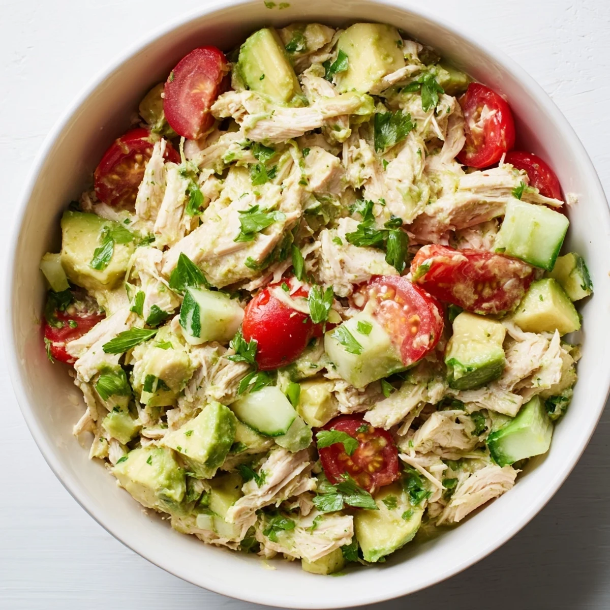 Creamy avocado chicken salad with tender diced chicken, juicy tomatoes, and fresh cilantro, served in a bright ceramic bowl.  