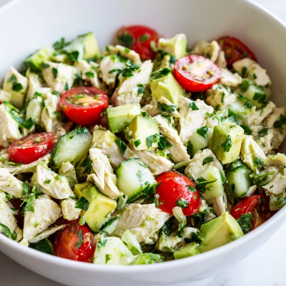 Gluten-free avocado chicken salad with creamy avocado chunks, crisp red onion, and parsley, ideal for a quick and healthy lunch.