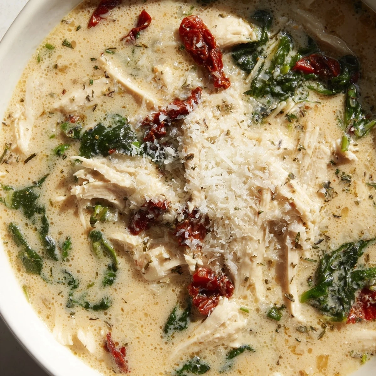 Creamy Tuscan Chicken Soup in a rustic bowl, topped with extra Parmesan and a drizzle of olive oil.  