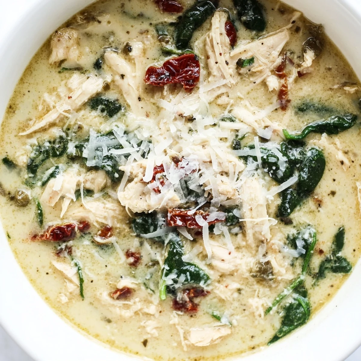 Close-up of Creamy Tuscan Chicken Soup with shredded chicken, spinach, and sun-dried tomatoes in a creamy broth.