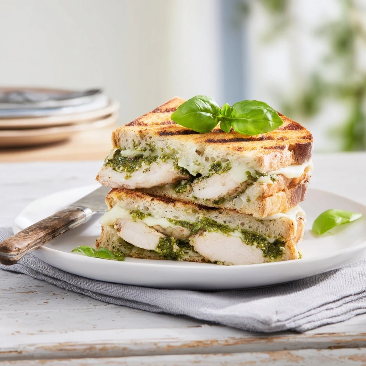 Golden grilled chicken cutlets topped with melted mozzarella on toasted ciabatta rolls, layered with vibrant green basil pesto and fresh tomato slices for a colorful Pesto Chicken Melt.