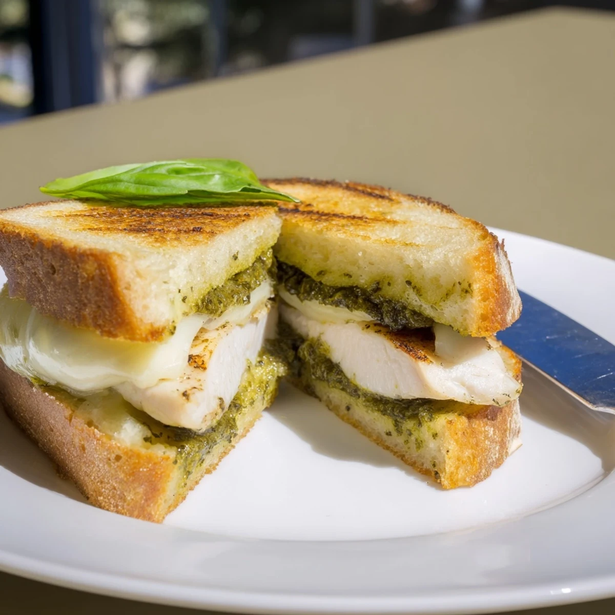Toasted ciabatta halves stuffed with herb-seasoned chicken, creamy pesto, and bubbly melted cheese, ready to be served hot for a satisfying Italian-American lunch.