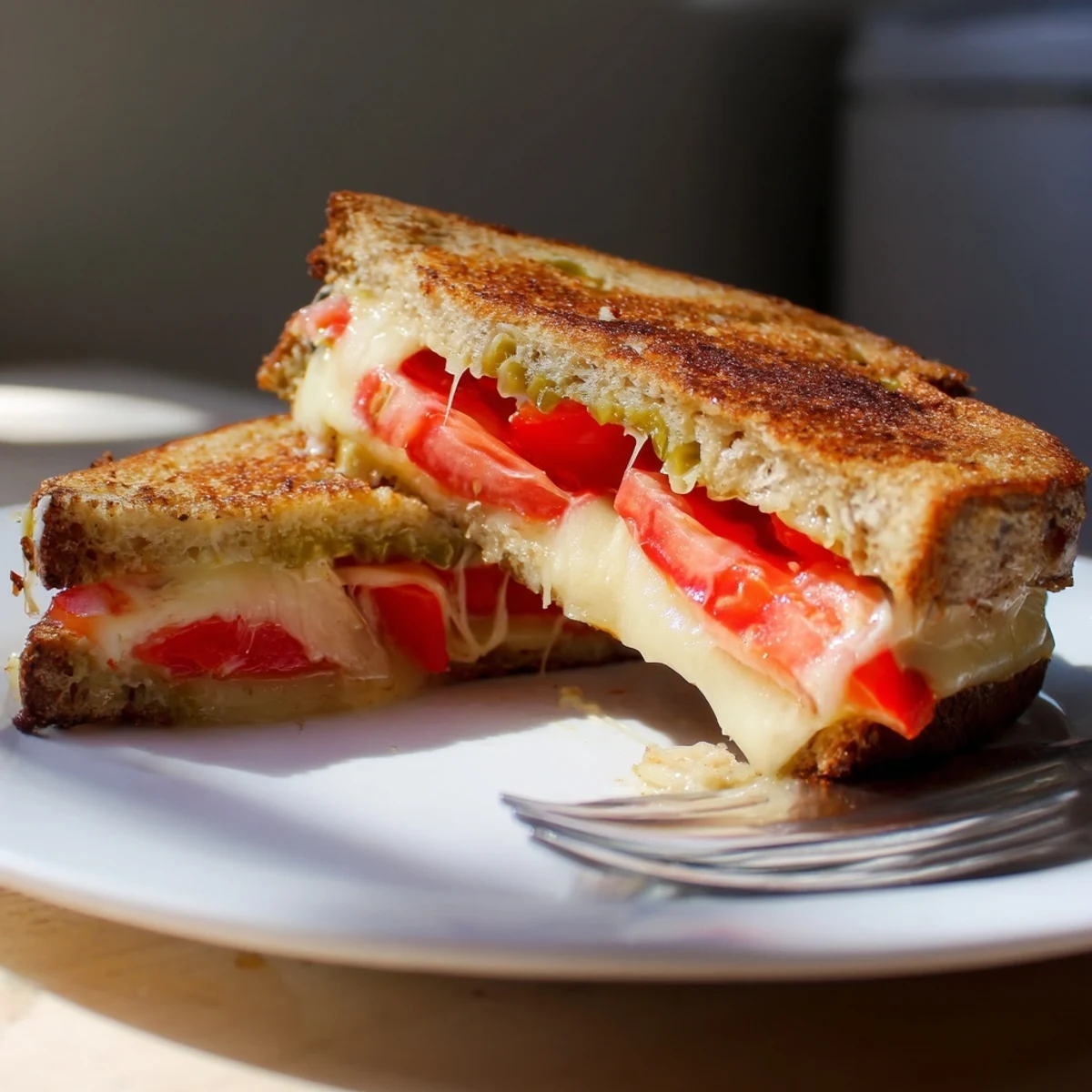 A close-up of a golden-brown Pepper Jack & Tomato Grilled Cheese sandwich, showing melted cheese oozing out between slices of jalapeño-studded bread and fresh tomato.
