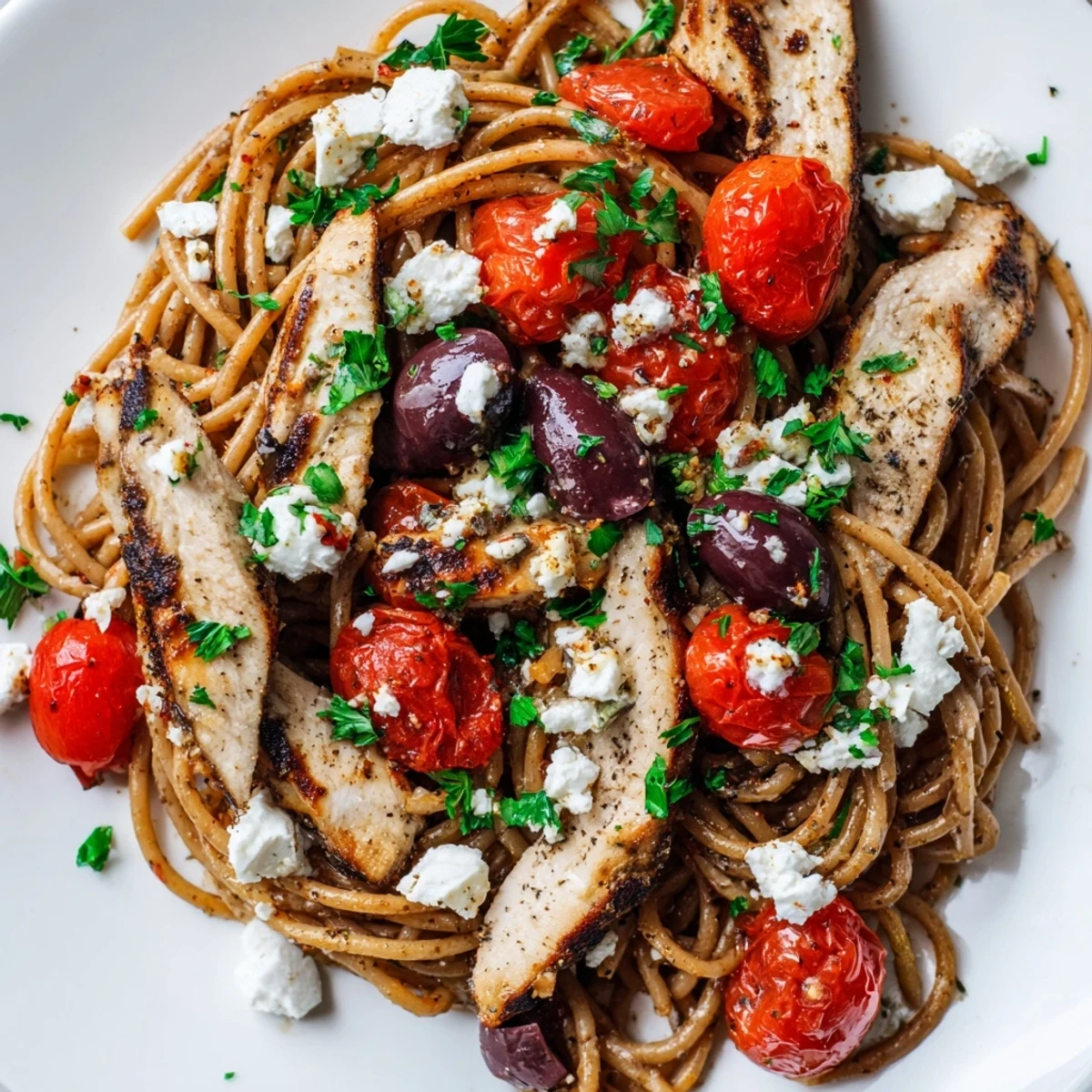 Juicy grilled chicken, cherry tomatoes, and briny olives tossed with al dente spaghetti for a vibrant Greek Chicken Spaghetti dinner.
