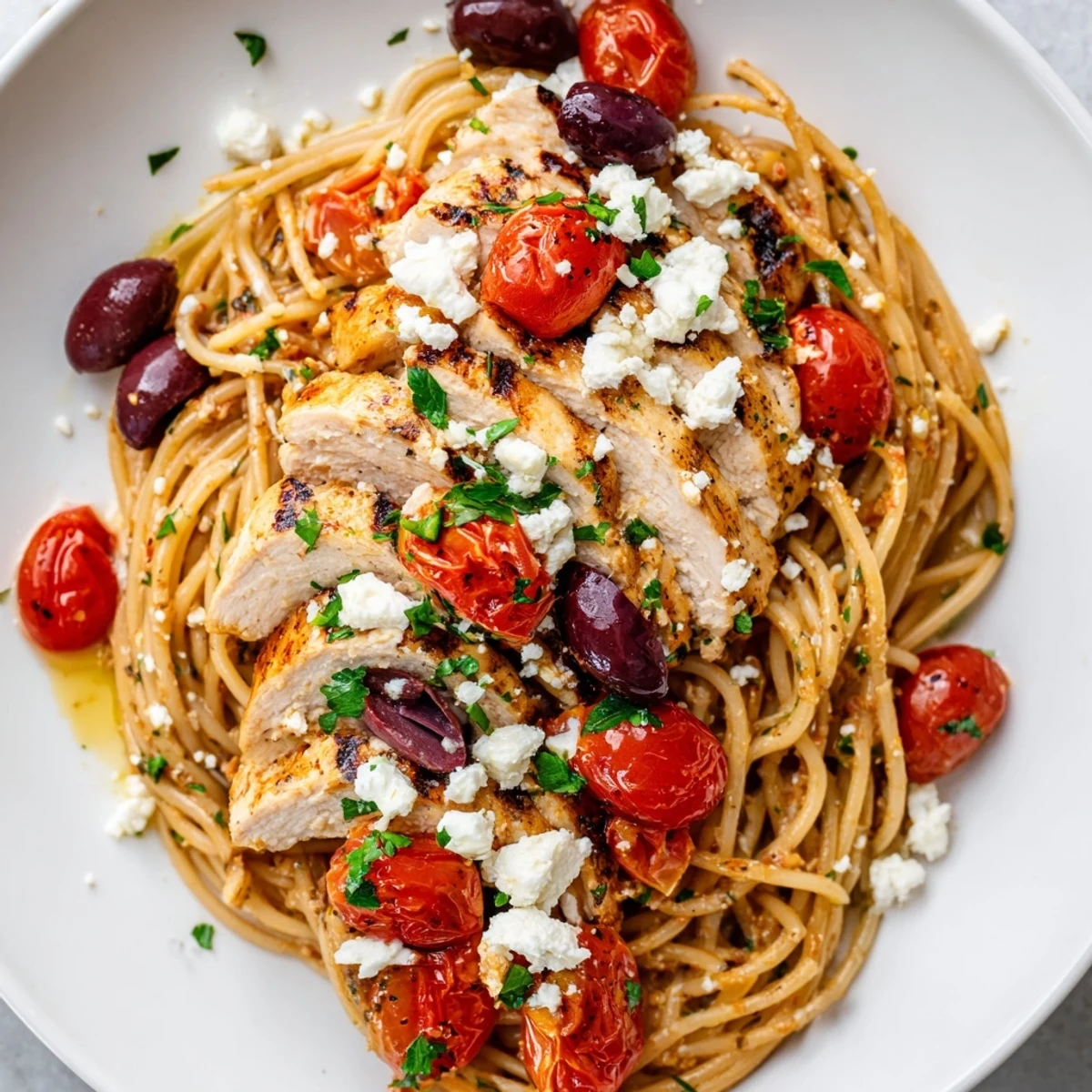 Steaming plates of Greek Chicken Spaghetti feature crumbled feta, fresh parsley, and a zesty lemon-olive oil dressing for authentic Mediterranean flavor.