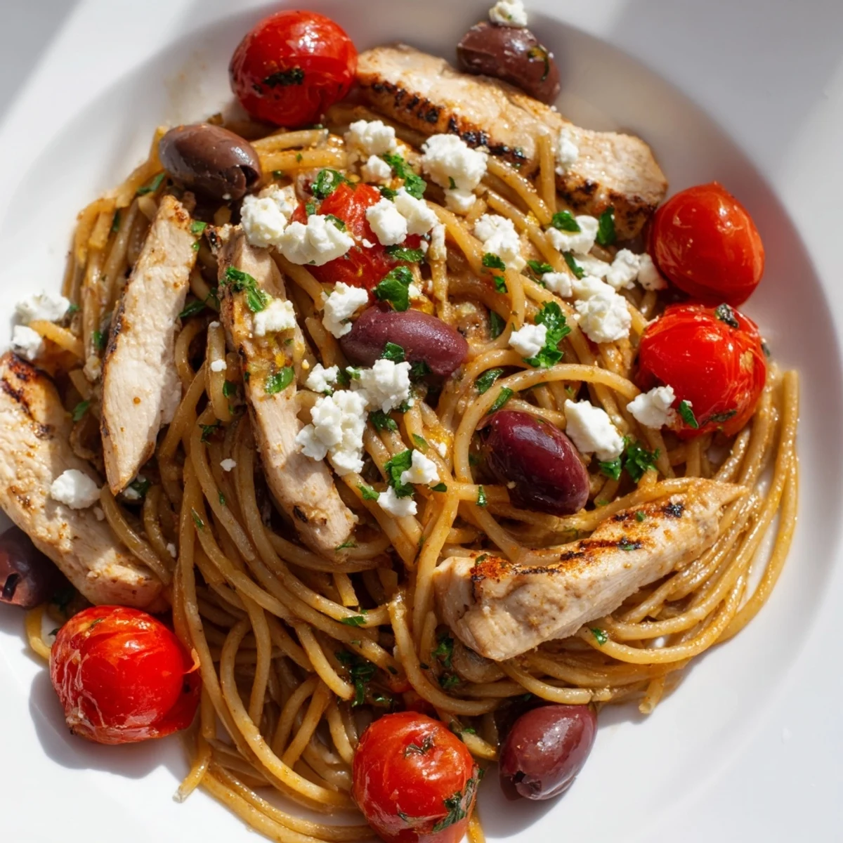 Serve Greek Chicken Spaghetti with a crisp Assyrtiko wine, colorful veggies, and tender chicken, delivering an easy, family-friendly weeknight meal.