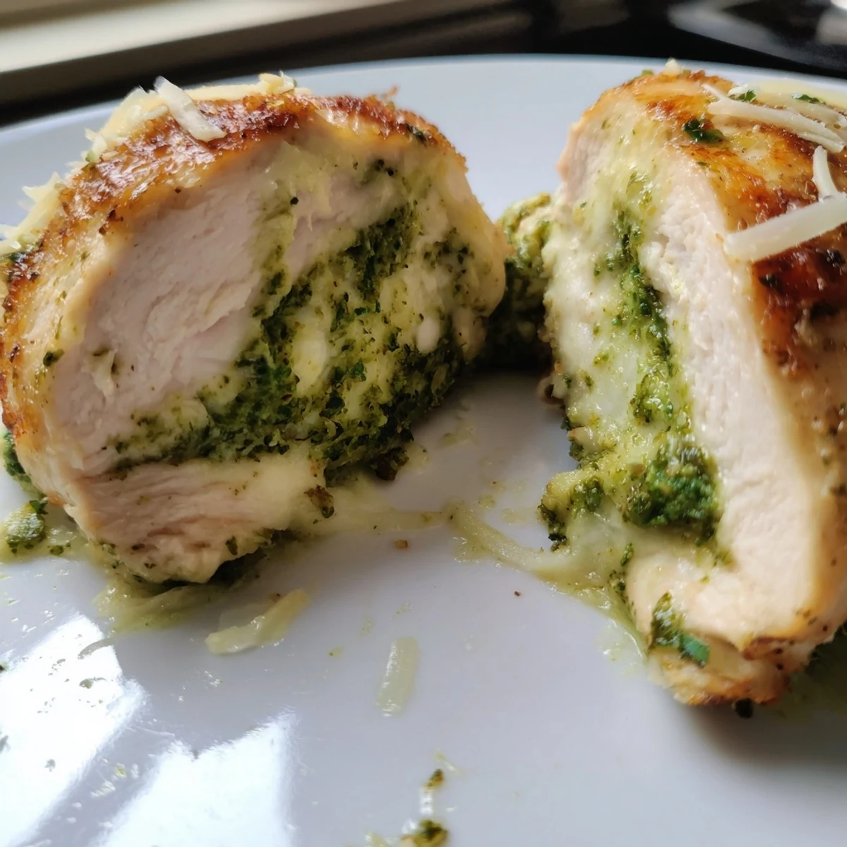 Juicy baked Mozzarella & Pesto Stuffed Chicken breasts, golden brown with melted cheese oozing from the center.