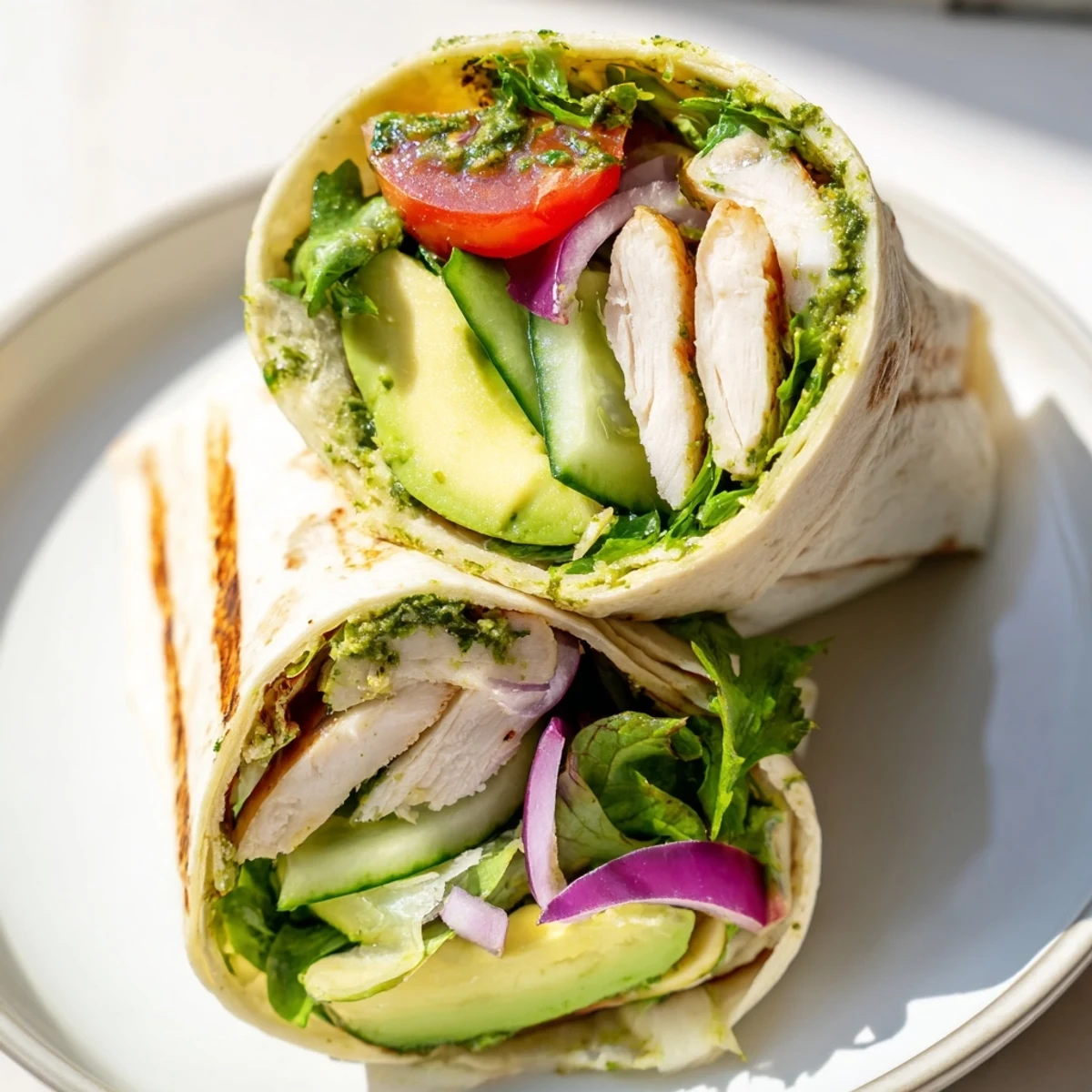 Freshly grilled chimichurri chicken, sliced and layered inside a warm tortilla with crisp greens, tomato, and avocado slices.