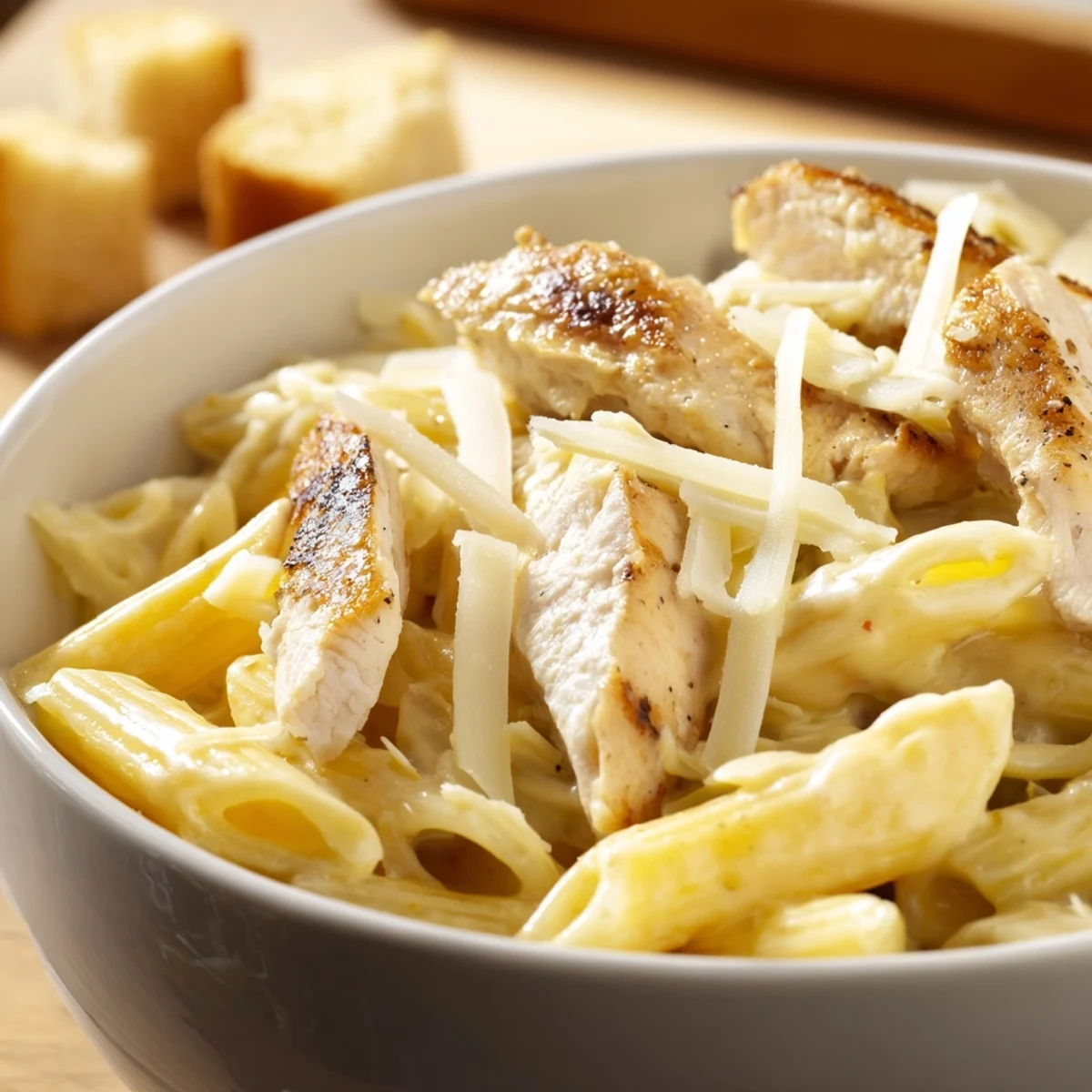 Freshly grilled chicken slices rest atop a Caesar Pasta Chicken Bowl with crisp romaine and croutons.