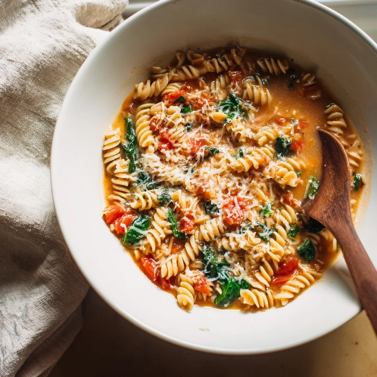 Steamy rotini swirls with diced tomatoes and wilted spinach in a single pot, ready to serve.  
