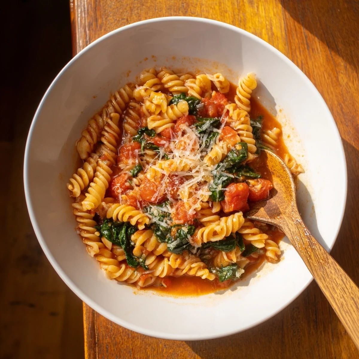 A hearty bowl of Tomato Spinach One-Pot Rotini with fresh Parmesan and vibrant red tomatoes.  