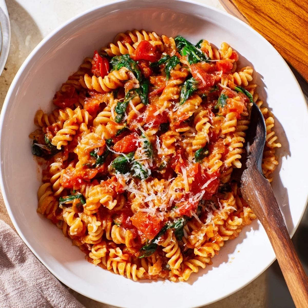 One-pot Tomato Spinach One-Pot Rotini simmered in savory broth, perfect with crusty bread for dinner.