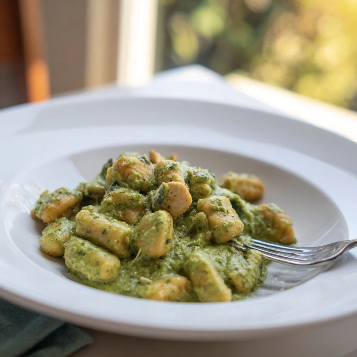 A close-up of Creamy Pesto Gnocchi with Chicken, featuring golden pan-crisped gnocchi and tender chicken pieces coated in a vibrant green pesto cream sauce, garnished with fresh basil.