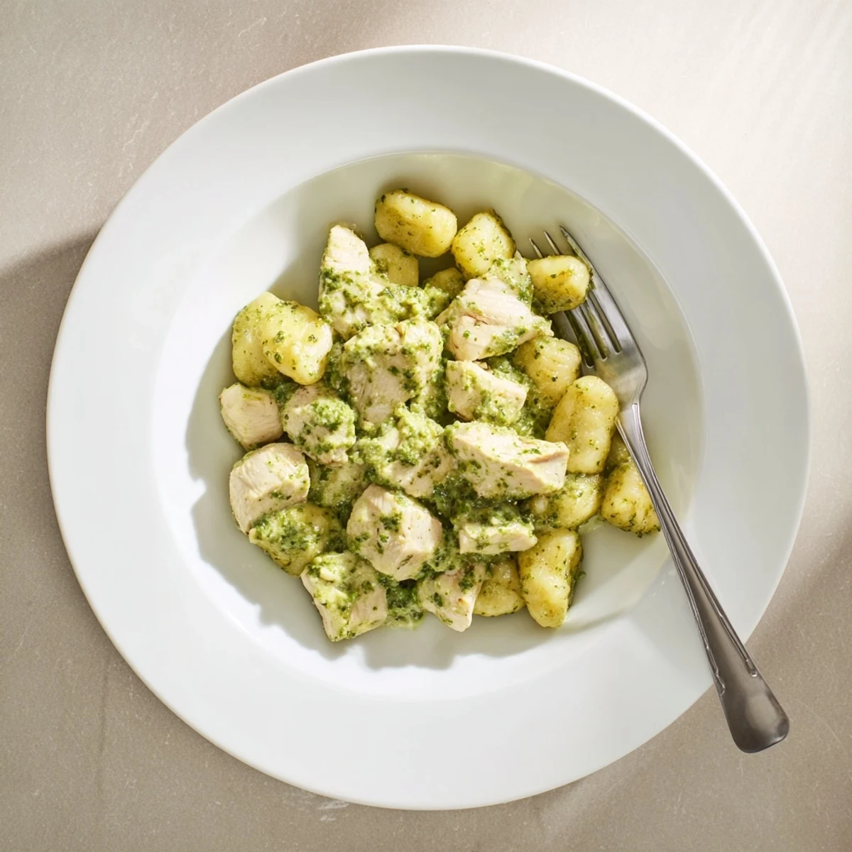 A rustic skillet holds steaming Creamy Pesto Gnocchi with Chicken, showcasing juicy chicken bites, sautéed gnocchi, and a rich Parmesan sauce, perfect for a comforting Italian dinner.
