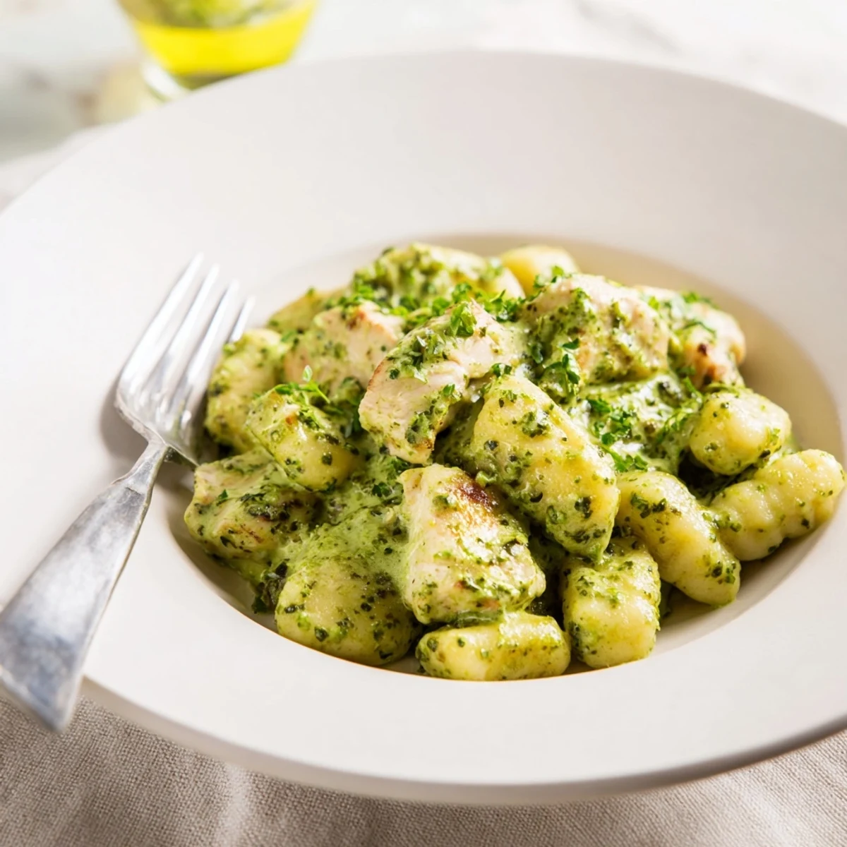 Serving platter of Creamy Pesto Gnocchi with Chicken, highlighting golden-brown gnocchi, succulent chicken pieces, and a glossy green basil pesto cream sauce, ready to enjoy.