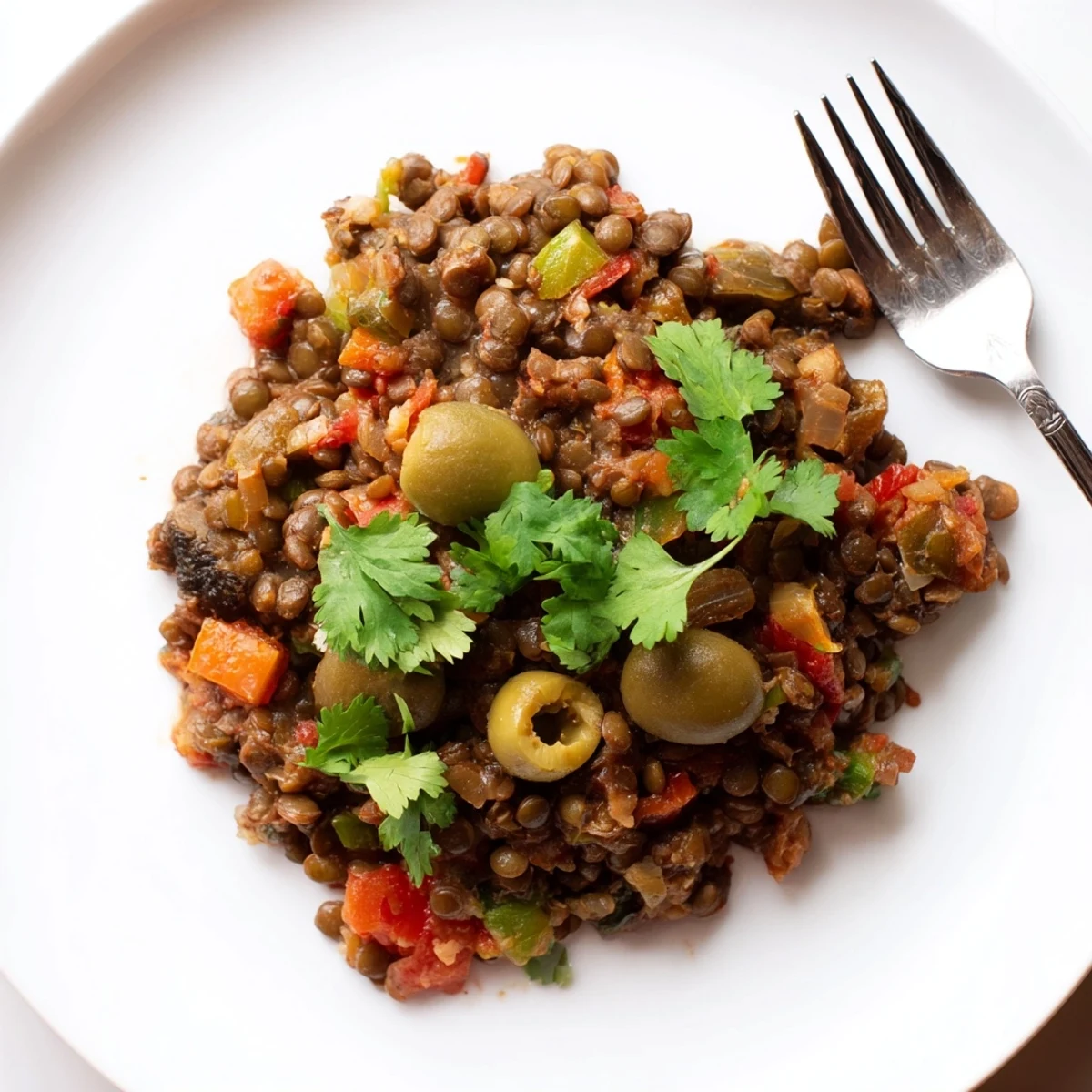 A steaming bowl of Cuban-Inspired Lentil Picadillo served over fluffy white rice, garnished with fresh cilantro.