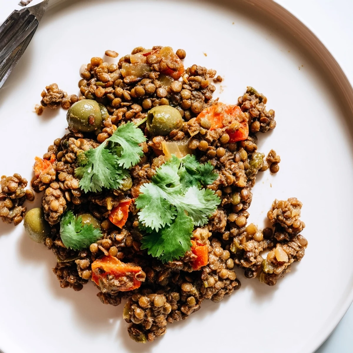 A hearty skillet of Cuban-Inspired Lentil Picadillo with lentils, olives, and raisins, ready for dinner.