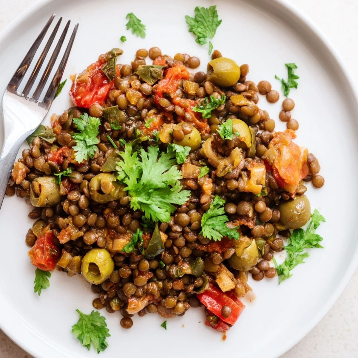 Colorful, plant-based Cuban-Inspired Lentil Picadillo garnished with cilantro, perfect for a vibrant family meal.