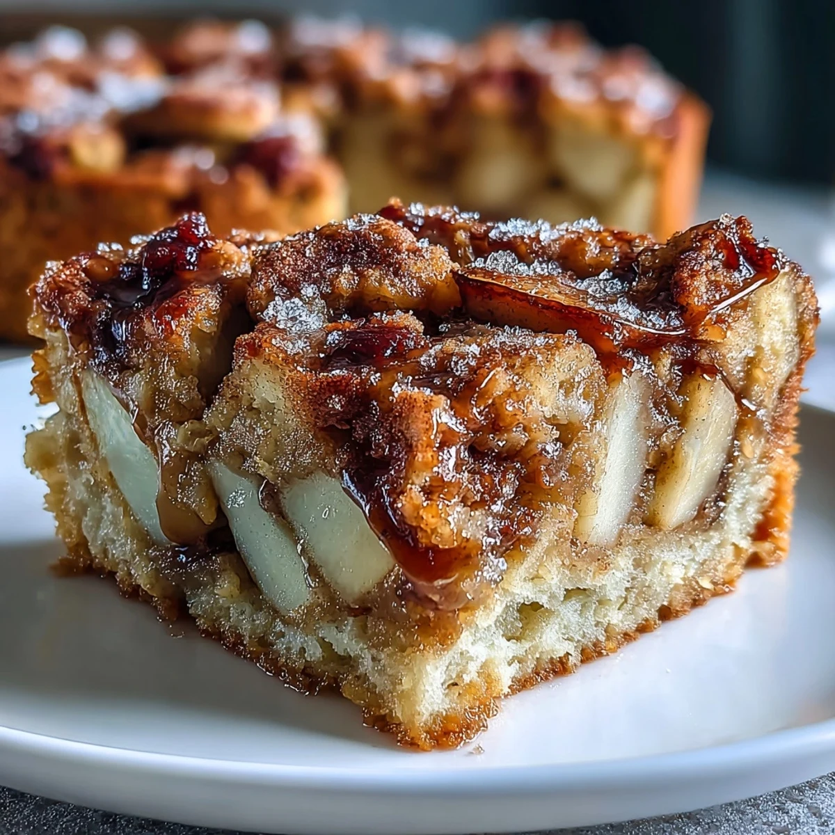 Serving of Dutch-inspired Baked Apple Cake, dusted with sugar, paired with crème fraîche on a rustic wooden breakfast table.