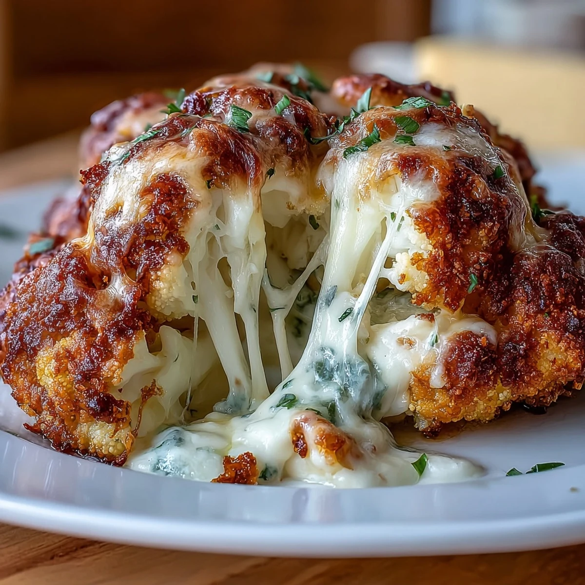 Golden cheesy stuffed cauliflower head, roasted until tender and bubbling.