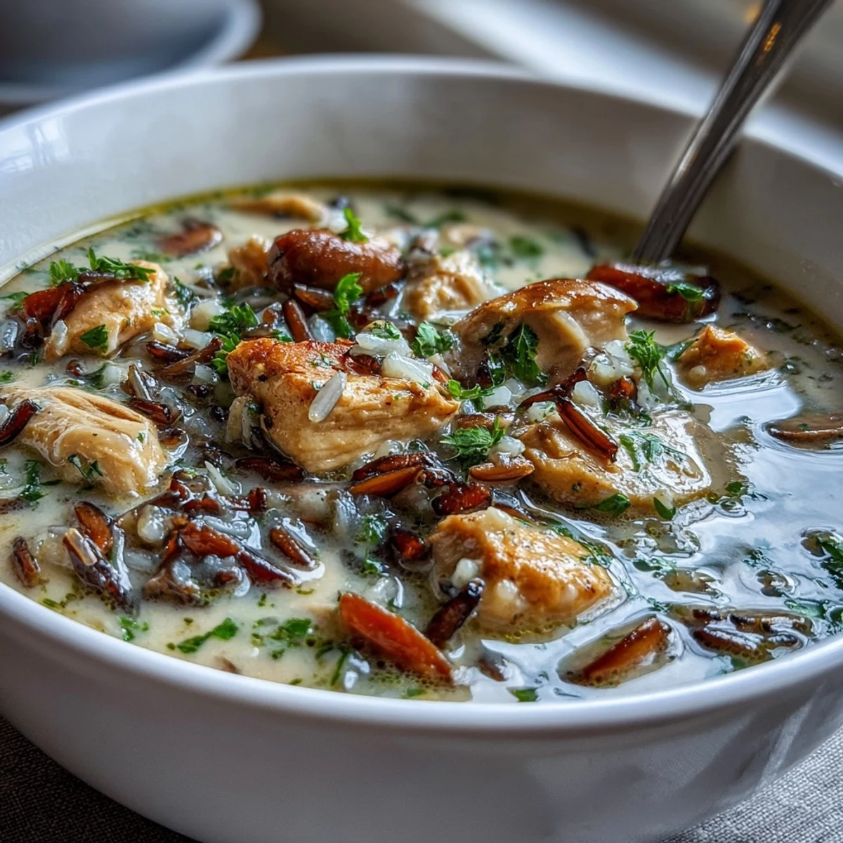 Creamy Parmesan Mushroom Chicken and Wild Rice Soup steaming in a bowl, garnished with fresh parsley and extra Parmesan, ready to enjoy.