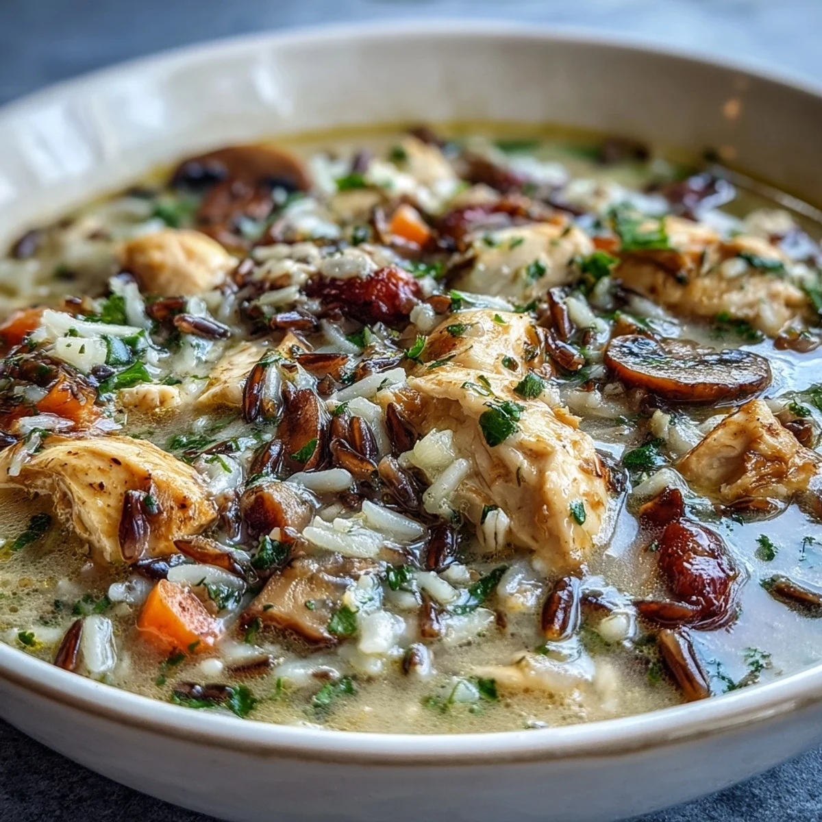 Spoon lifting a serving of Parmesan Mushroom Chicken and Wild Rice Soup revealing tender chicken, mushrooms, and wild rice in creamy broth.