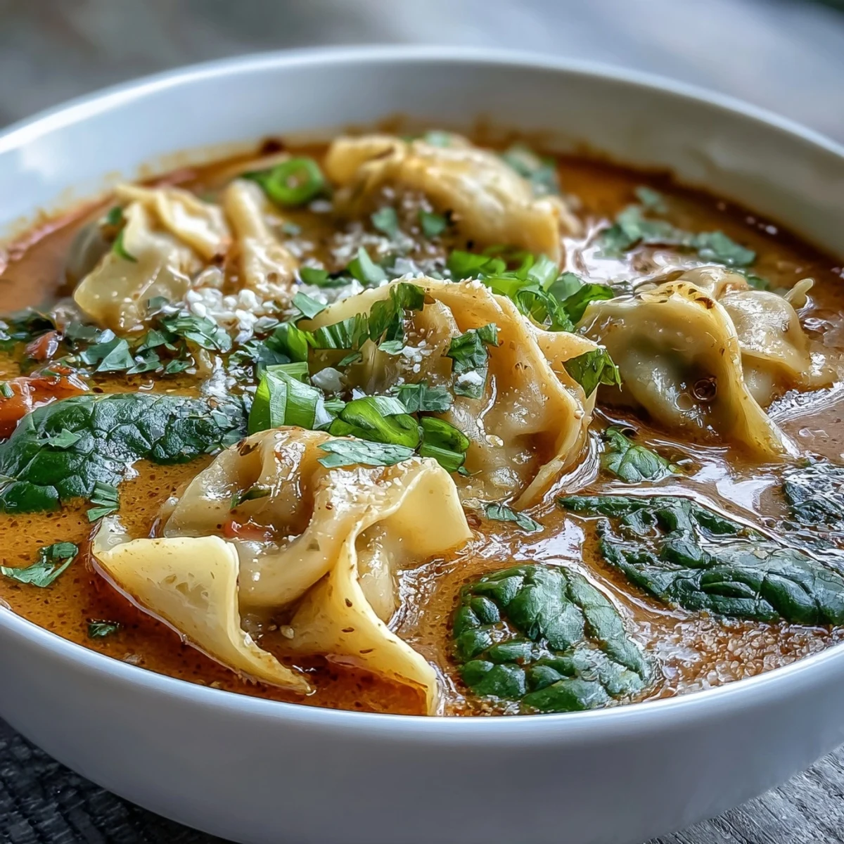 Steaming Red Curry Wonton Soup with vibrant greens, a quick and flavorful meal.