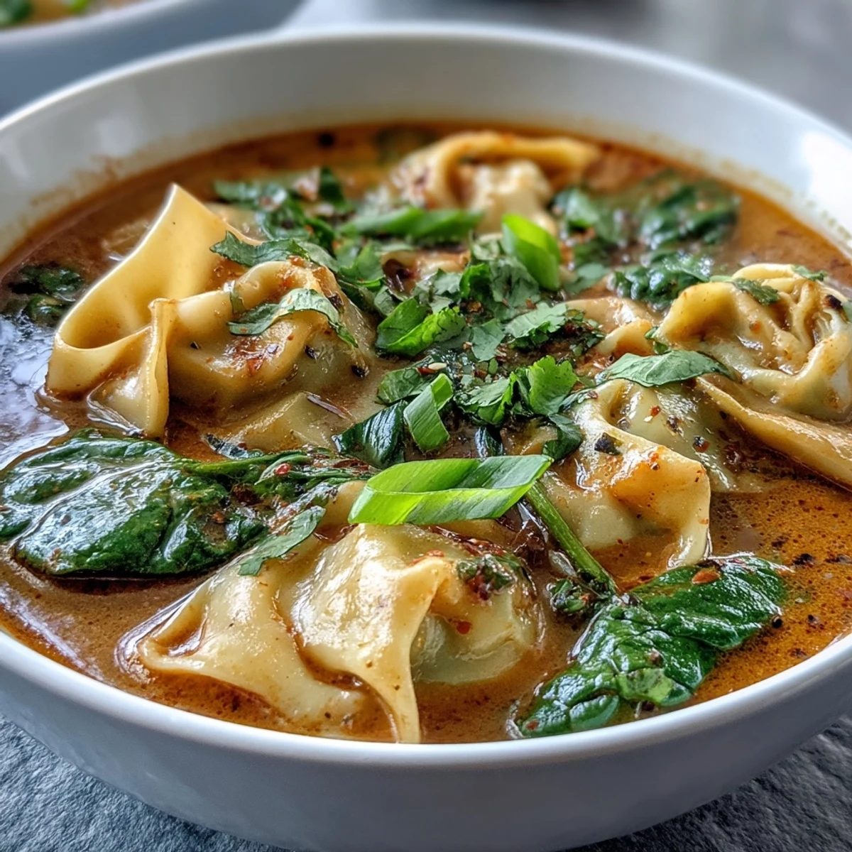 Hearty frozen wontons swim in fragrant red curry coconut broth, ready to enjoy.