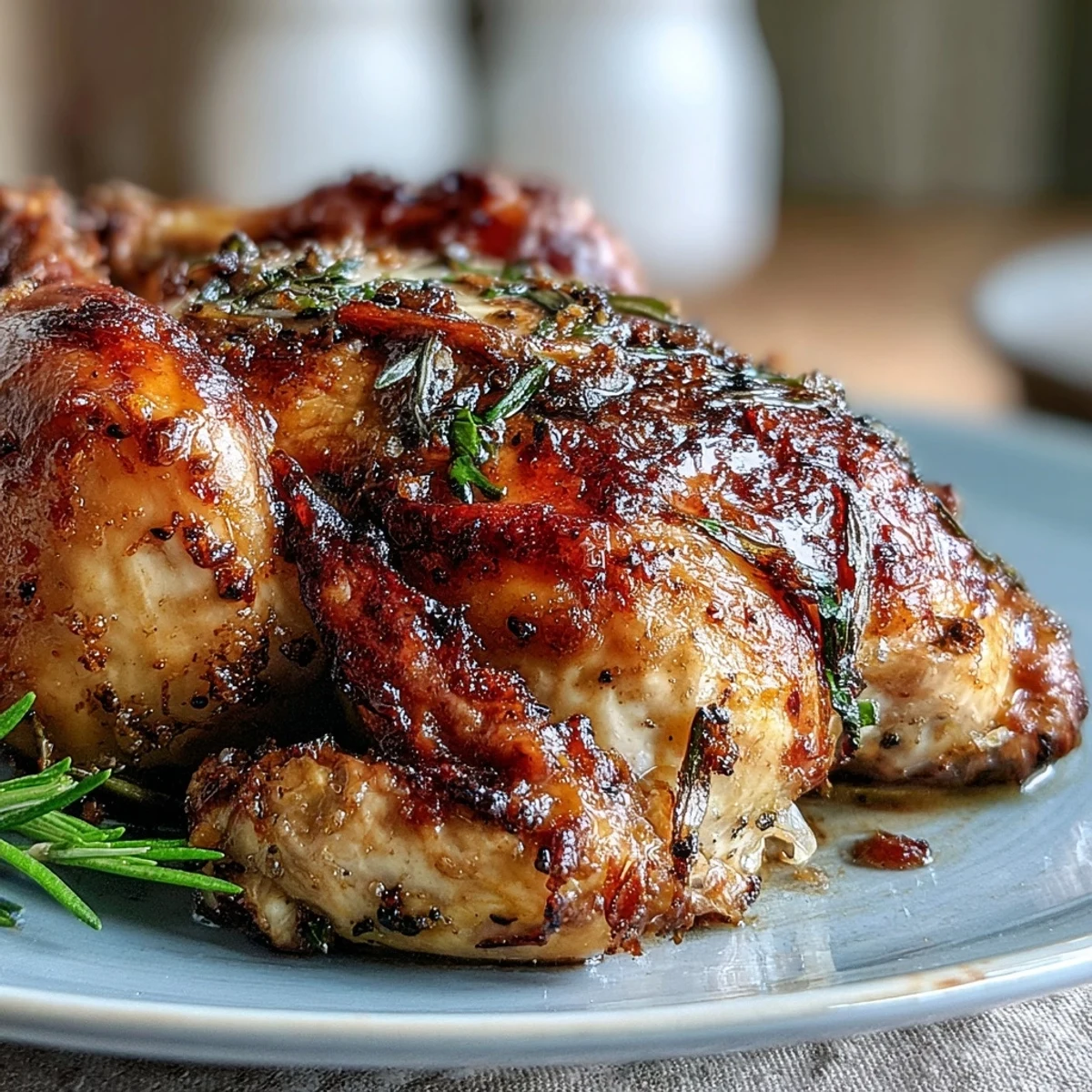 Close-up of Roasted Chicken with Pot Potatoes, Lemon Herbs, and Feta beside bright lemon wedges and herbs.