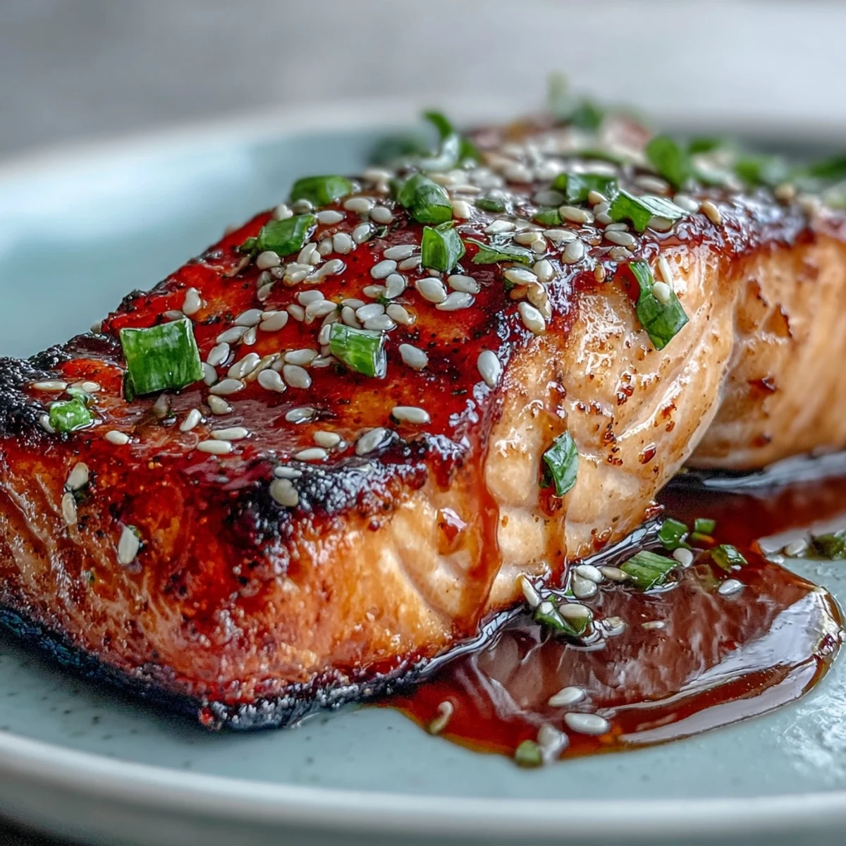 Maple Soy Glazed Salmon glistening, served over rice with crisp vegetables.