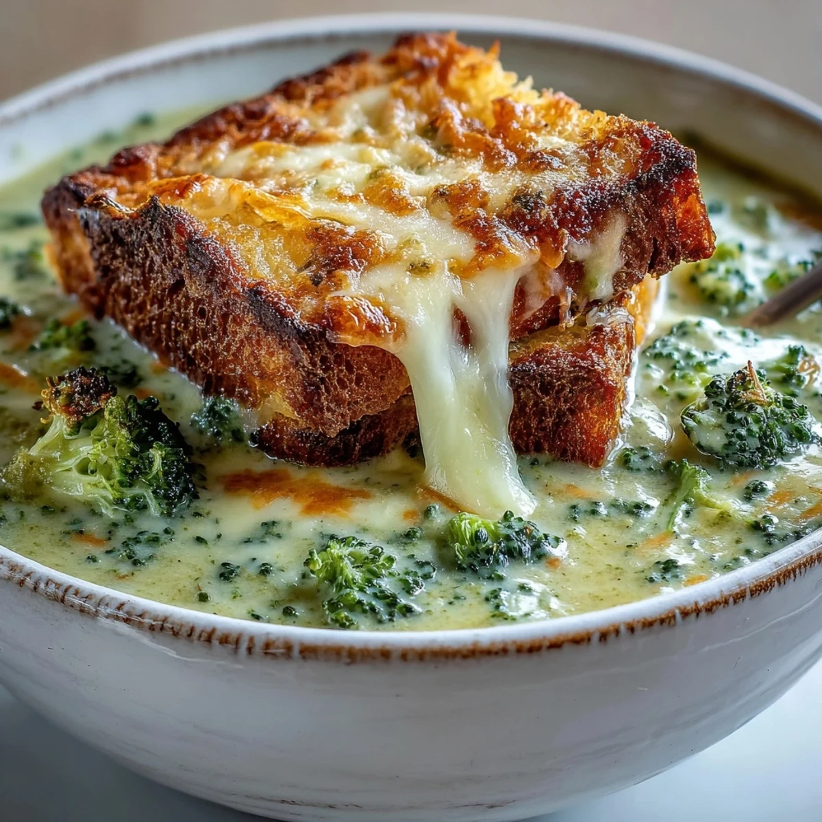 Homemade creamy broccoli and butternut squash soup served alongside warm, melted cheese filled pastries for dipping.
