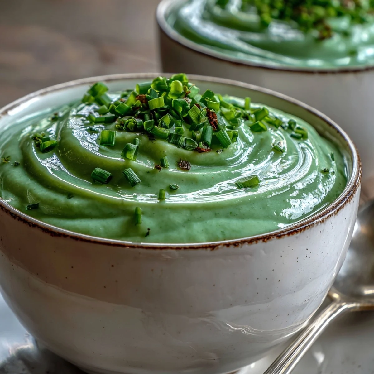 A bowl of creamy broccoli soup garnished with fresh chives and croutons.