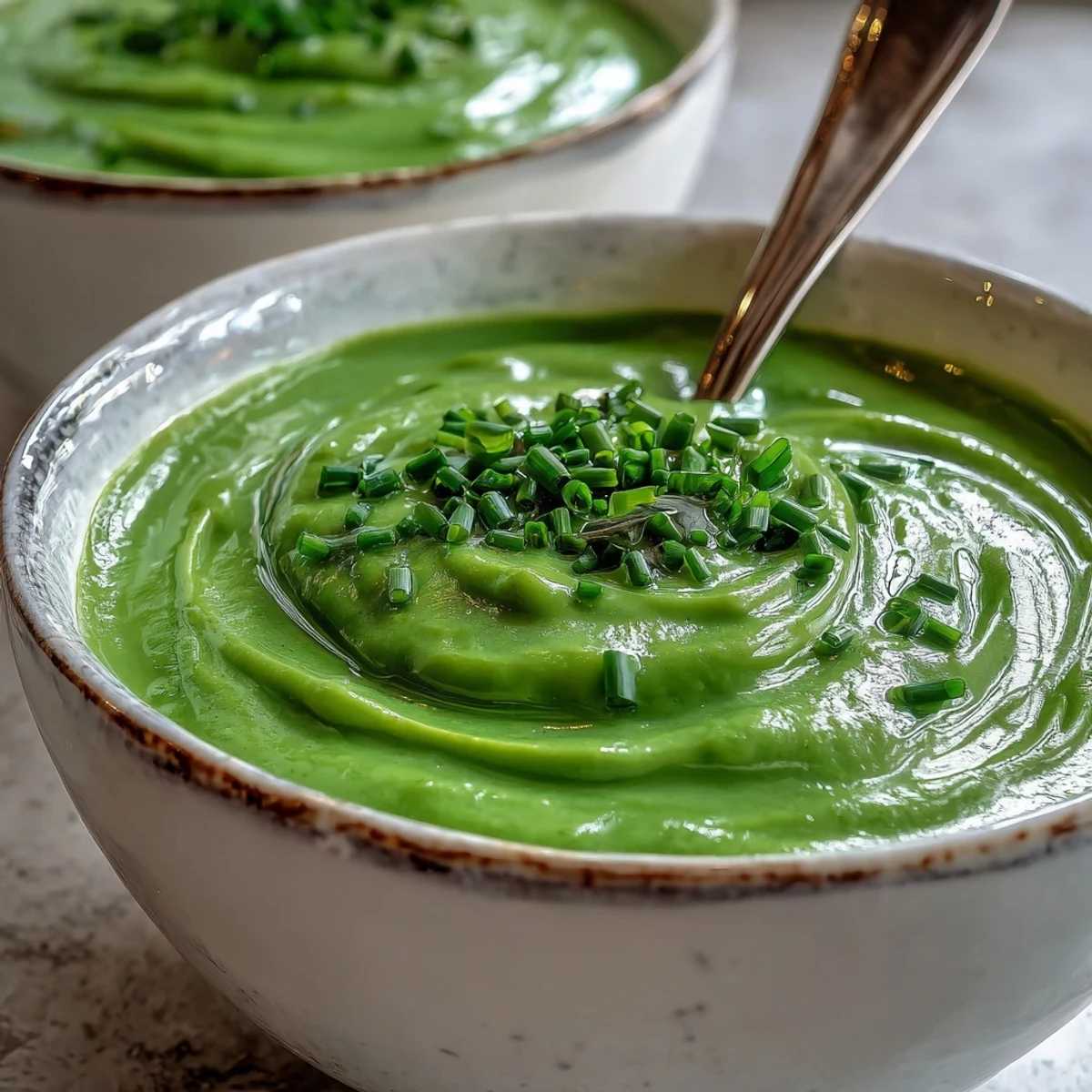 Velvety homemade Cream of Broccoli Soup in a rustic bowl, ready to serve with a spoon.