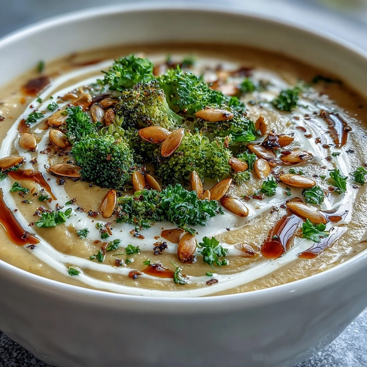 Steaming bowl of Roasted Broccoli and Butternut Squash Soup topped with pumpkin seeds.