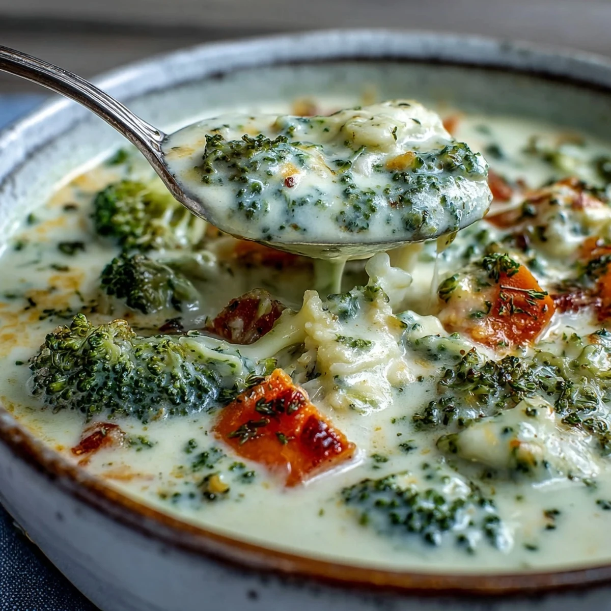 Chunky broccoli cheddar soup with tender florets and shredded carrots, ready to enjoy with a spoon and napkin.