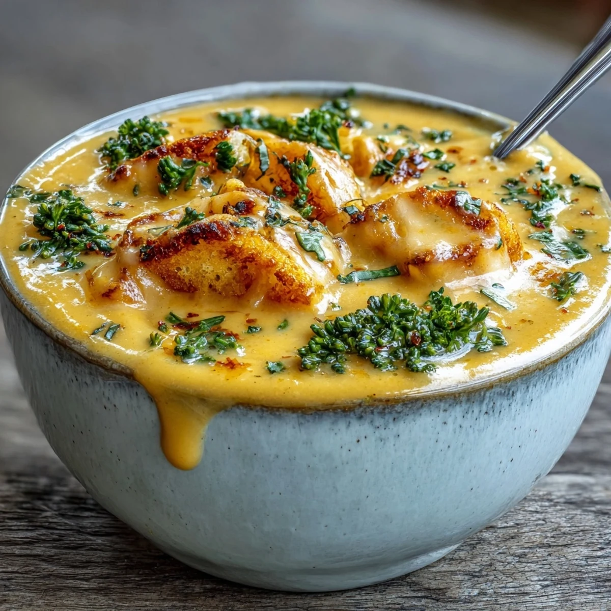 Steam rises from a ladle of rich, orange-hued Butternut Squash Broccoli Cheddar Soup, garnished with fresh cheddar. 