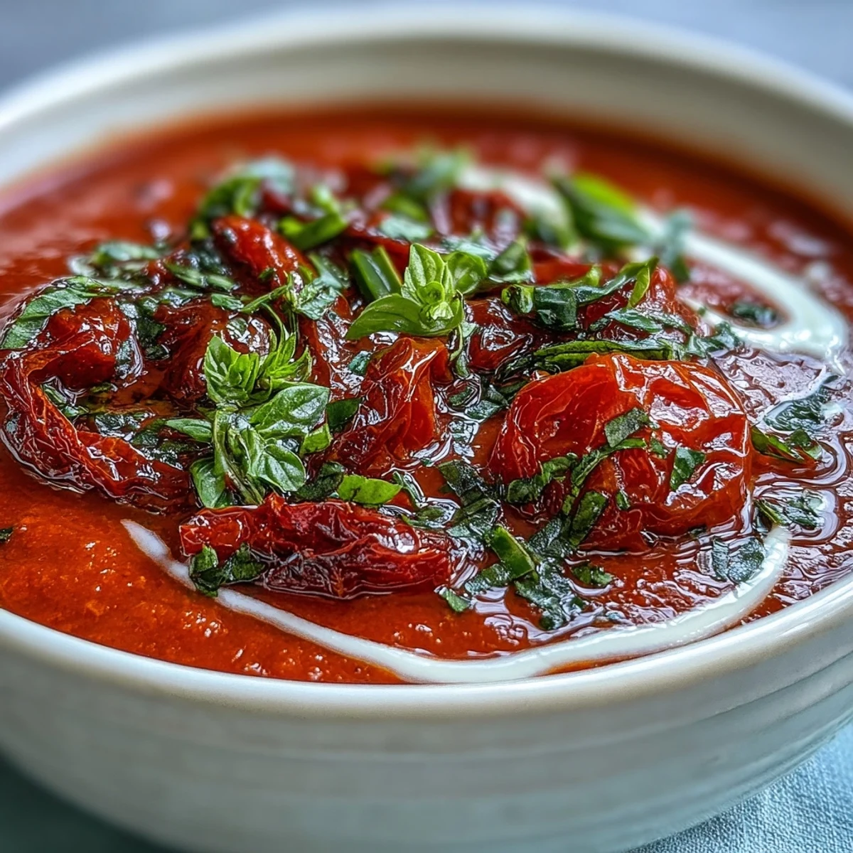 Silky, bright orange roasted tomato basil soup served hot from a pot.