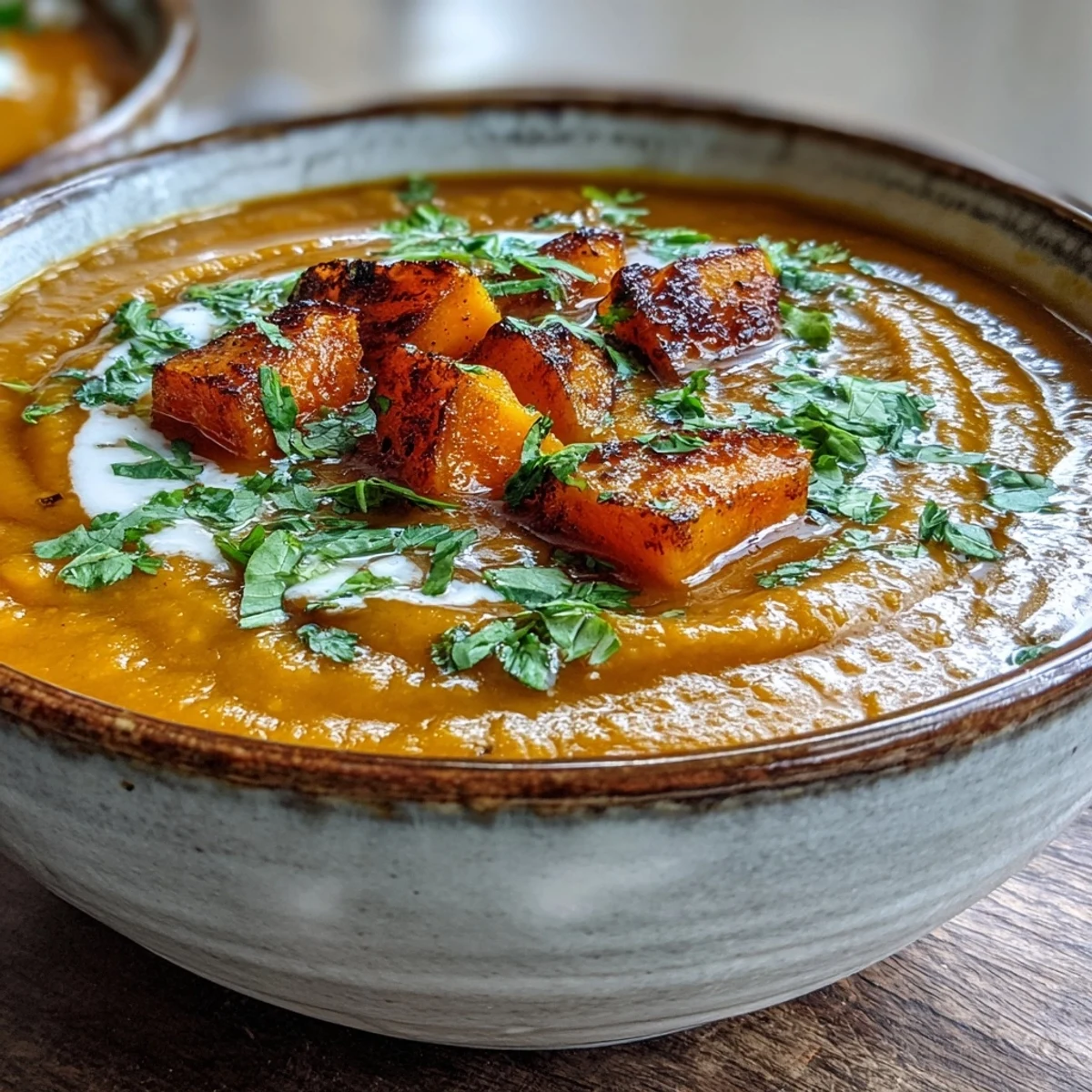 Velvety Butternut Squash and Lentil Soup with warm spices, served in a cozy mug with a spoon for a comforting meal.