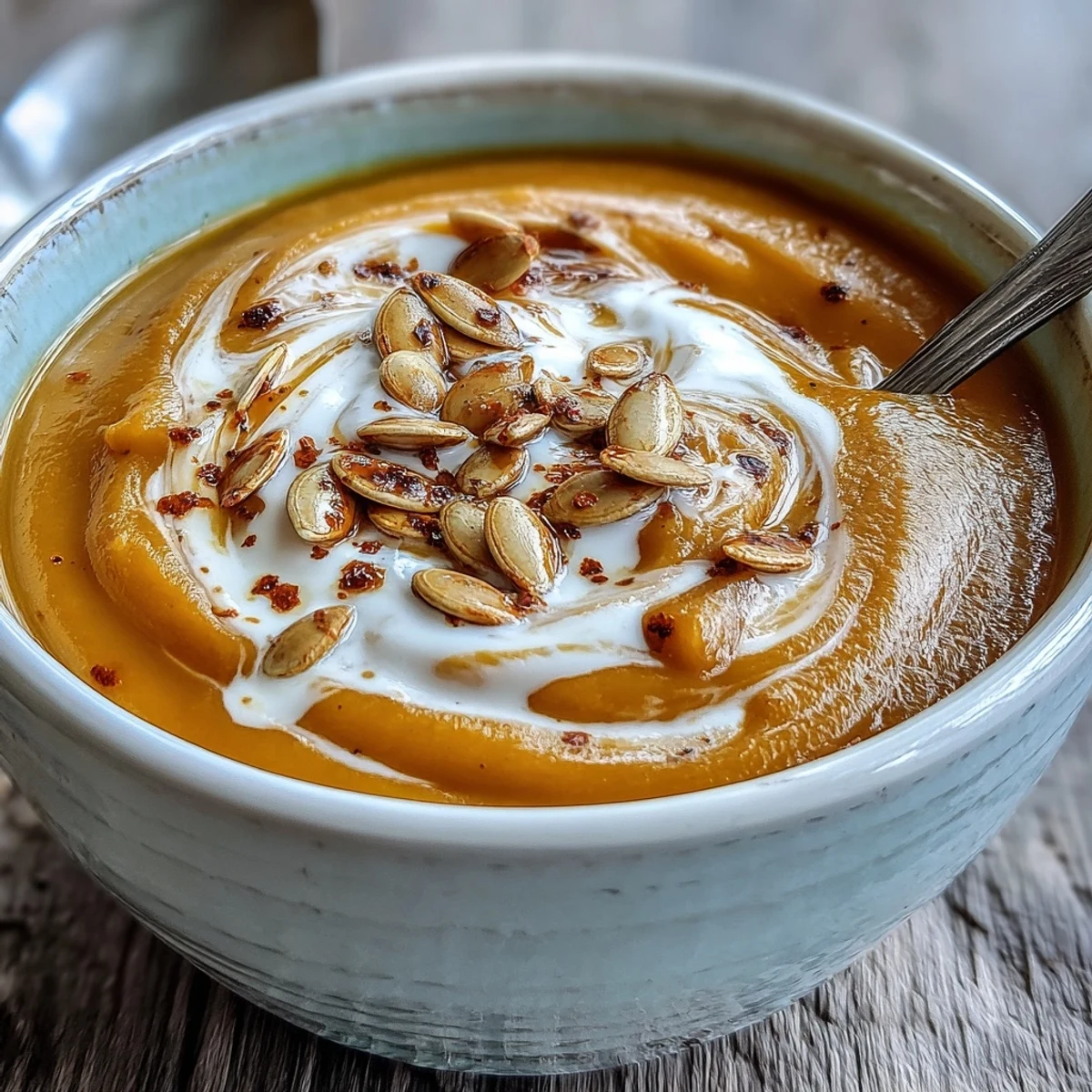 A warm bowl of Butternut Squash and Apple Soup garnished with thyme. 