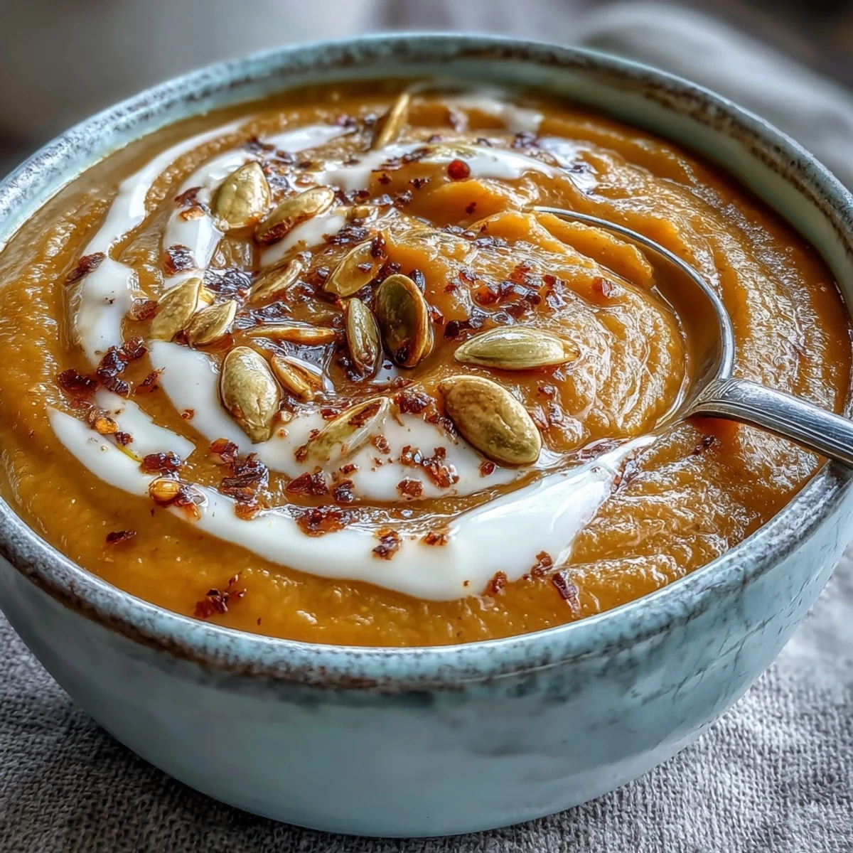 Silky smooth Butternut Squash and Apple Soup served with crusty bread nearby.